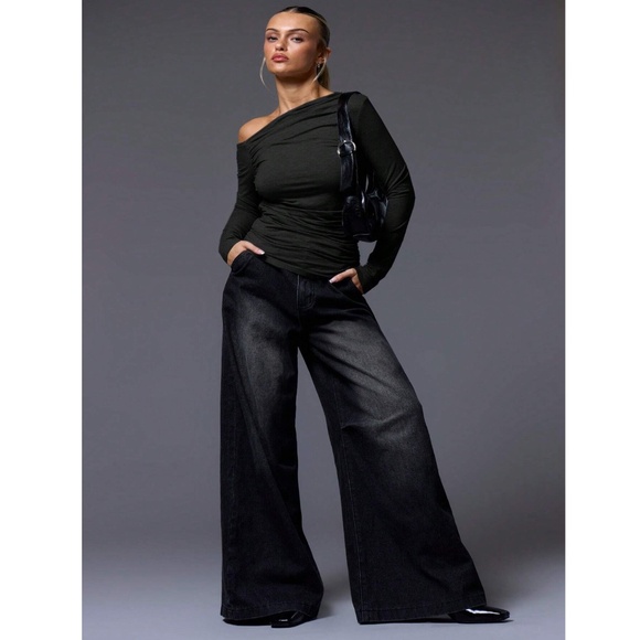 Black Ruched Asymmetric One Shoulder Long Sleeve Shirt Slim Fit Stretchy - Picture 5 of 8